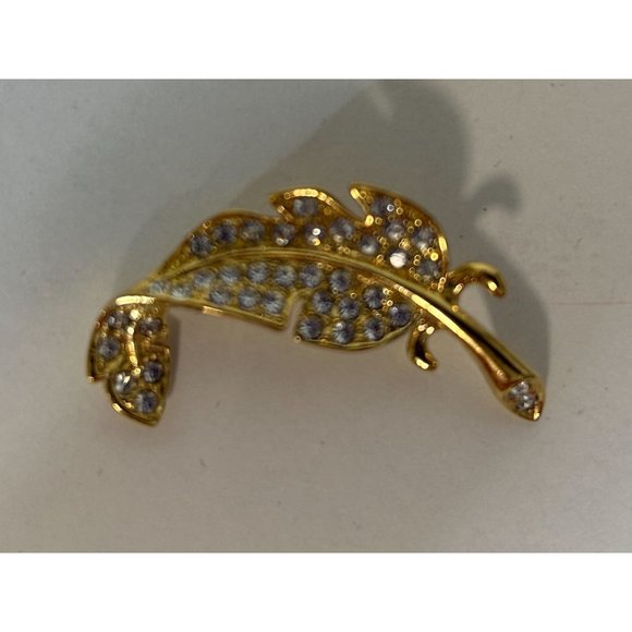 18K GP Feather Brooch Pin w/ Crystals 1.5” - Picture 1 of 5